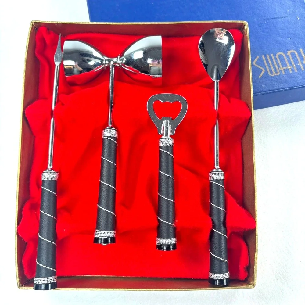 Swank Barware Set Unisex OS Silver Black Faux Leather Wrapped Mid Century Modern